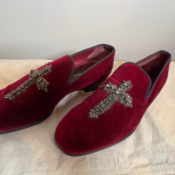 Dolce & Gabanna Burgundy Velvet and Rhinestone Cross Loafer Men\'s 10 main image 4